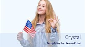  Presentation with america flag - Beautiful slides featuring blonde teenager woman holding flag of united states of america doing ok sign with fingers excellent symbol backdrop and a sky blue colored foreground