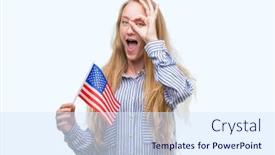  Presentation with america flag - Cool new presentation theme with blonde teenager woman holding flag of united states of america with happy face smiling doing ok sign with hand on eye looking through fingers backdrop and a sky blue colored foreground