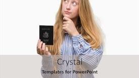  Presentation with america - Theme featuring blonde teenager woman holding passport of unites states of america serious face thinking about question very confused idea background and a light gray colored foreground