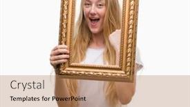  Presentation with vintage art - Slide deck featuring blonde teenager woman holding vintage frame art screaming proud and celebrating victory and success very excited cheering emotion background and a coral colored foreground