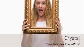  Presentation with vintage art - Slide deck featuring blonde teenager woman holding vintage frame art scared in shock with a surprise face afraid and excited with fear expression background and a soft green colored foreground