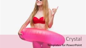  Presentation with finger - PPT layouts having blonde-teenager-woman-wearing-bikini background and a coral colored foreground