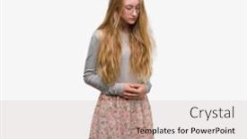  Presentation with stomach disease - Slides having blonde teenager woman wearing flowers skirt with hand on stomach because nausea painful disease feeling unwell ache concept background and a light gray colored foreground