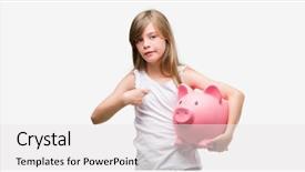  Presentation with piggy bank - PPT theme with blonde toddler holding piggy bank background and a  colored foreground