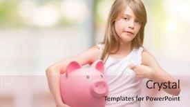  Presentation with blonde holds a magnifying glass - Theme featuring blonde toddler holding piggy bank background and a  colored foreground