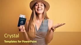  Presentation with blue eyes - Beautiful theme featuring blonde-tourist-woman-with-blue backdrop and a tawny brown colored foreground