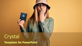  Presentation with passport - Colorful presentation theme enhanced with blonde-tourist-woman-with-blue backdrop and a tawny brown colored foreground