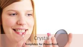  Presentation with blush brushes lip gloss - Amazing PPT theme having blonde-woman-applies-lip-gloss backdrop and a coral colored foreground