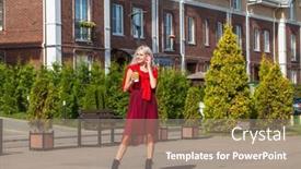  Presentation with phone - PPT theme featuring blonde-woman-calling-by-phone background and a coral colored foreground