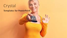  Presentation with television - Audience pleasing PPT theme consisting of blonde-woman-changing-tv-channel backdrop and a yellow colored foreground