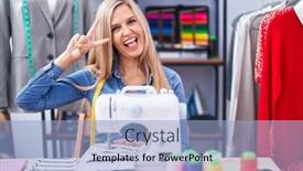 Presentation with sew - Slides featuring blonde-woman-dressmaker-designer-using background and a light blue colored foreground