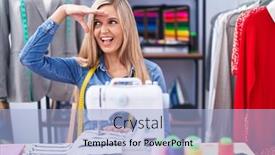  Presentation with sew - Presentation enhanced with blonde-woman-dressmaker-designer-using background and a light blue colored foreground