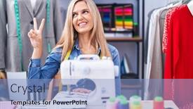  Presentation with sew - Presentation theme having blonde-woman-dressmaker-designer-using background and a light blue colored foreground