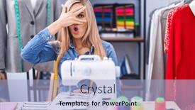  Presentation with sew - Presentation theme consisting of blonde-woman-dressmaker-designer-using background and a light blue colored foreground