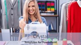  Presentation with sew - Slides consisting of blonde-woman-dressmaker-designer-using background and a light blue colored foreground