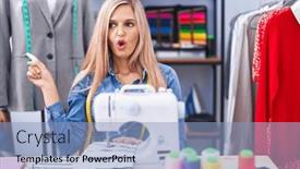  Presentation with sew - Slide set with blonde-woman-dressmaker-designer-using background and a light blue colored foreground