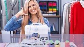  Presentation with sew - PPT theme having blonde-woman-dressmaker-designer-using background and a light blue colored foreground