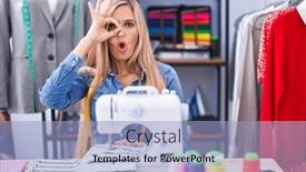  Presentation with sew - Presentation theme with blonde-woman-dressmaker-designer-using background and a light blue colored foreground