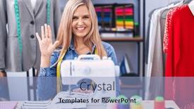  Presentation with sew - Presentation theme featuring blonde-woman-dressmaker-designer-using background and a light blue colored foreground