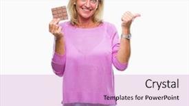  Presentation with snicker chocolate bar - Audience pleasing slide deck consisting of candy bars - middle age blonde woman eating backdrop and a lilac colored foreground