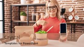  Presentation with self - Presentation theme having blonde-woman-eating-take-away background and a coral colored foreground