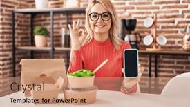  Presentation with take - Presentation theme having blonde-woman-eating-take-away background and a  colored foreground