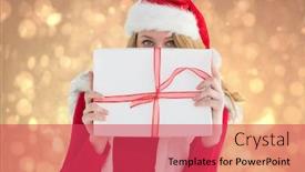  Presentation with light abstract - Beautiful PPT theme featuring blonde woman hiding behind a gift against yellow abstract light spot design backdrop and a red colored foreground