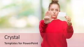  Presentation with blonde holding magnifying glass - Amazing PPT theme having blonde woman holding advertising card backdrop and a red colored foreground