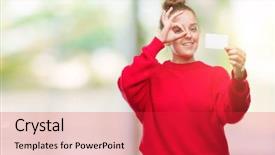  Presentation with blonde holds a magnifying glass - Audience pleasing slide deck consisting of blonde woman holding advertising card backdrop and a  colored foreground