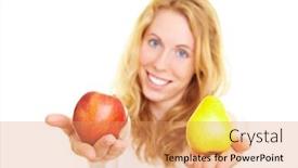  Presentation with apple pear - PPT layouts featuring red european organic pears - blonde woman holding an apple background and a coral colored foreground