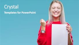  Presentation with blonde holding magnifying glass - PPT theme with blonde woman holding blank paper background and a teal colored foreground