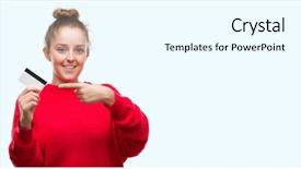  Presentation with blonde holds a magnifying glass - Colorful slide set enhanced with blonde woman holding credit card backdrop and a  colored foreground