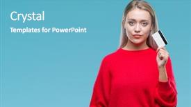  Presentation with smart card - PPT theme consisting of blonde woman holding credit card background and a teal colored foreground