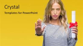  Presentation with certificate - Beautiful PPT theme featuring blonde woman holding degree certificate backdrop and a  colored foreground