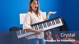  Presentation with piano keyboard - Presentation design featuring blonde-woman-holding-piano-keyboard background and a  colored foreground