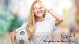  Presentation with blonde holding magnifying glass - Presentation theme consisting of blonde woman holding soccer ball background and a soft green colored foreground