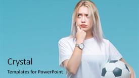  Presentation with blonde holding magnifying glass - Cool new slide deck with blonde woman holding soccer football backdrop and a  colored foreground