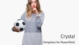  Presentation with brain thinking - Colorful PPT theme enhanced with blonde woman holding soccer football backdrop and a white colored foreground