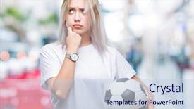  Presentation with blonde holds a magnifying glass - Cool new presentation theme with blonde woman holding soccer football backdrop and a  colored foreground