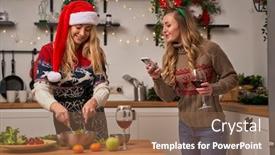  Presentation with christmas food - Cool new theme with blonde-woman-in-santa-hat backdrop and a tawny brown colored foreground