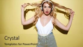  Presentation with turquoise and yellow music - Audience pleasing theme consisting of blonde woman in summer clothes backdrop and a yellow colored foreground