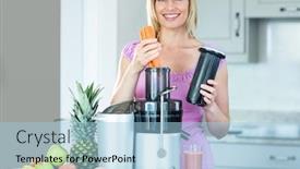  Presentation with smoothie - Amazing PPT theme having blonde-woman-preparing-a-smoothie backdrop and a light blue colored foreground