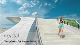 Presentation with sport blue - Slide deck having blonde woman running training near the modern architecture building sport run blue sky sunny day summer training in urban place city vacation white stone building background and a light gray colored foreground