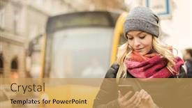  Presentation with text message - Cool new PPT theme with blonde-woman-sending-a-text backdrop and a yellow colored foreground