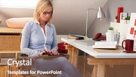  Presentation with home - Presentation featuring blonde woman sitting at home background and a tawny brown colored foreground
