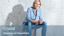  Presentation with paint white brick wall - Presentation design having blonde woman sitting on stool background and a ocean colored foreground
