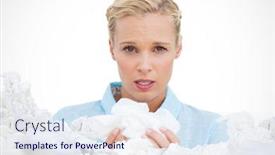  Presentation with sneezing - Audience pleasing PPT theme consisting of blonde woman sneezing holding lots of tissues against used tissues backdrop and a sky blue colored foreground