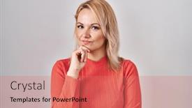  Presentation with thinking - Slide deck with blonde-woman-standing-over-isolated background and a  colored foreground