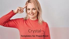  Presentation with great idea - PPT theme featuring blonde-woman-standing-over-isolated background and a coral colored foreground