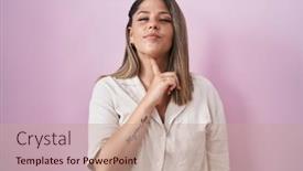  Presentation with pink - Slide deck having blonde-woman-standing-over-pink background and a coral colored foreground